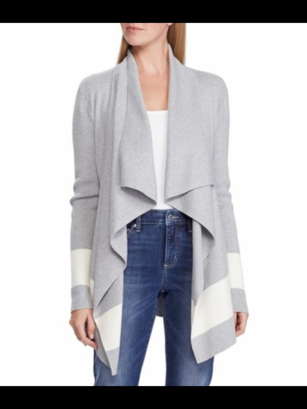Lauren Ralph Lauren Light Gray Open-Front Draped Cardigan with Cream Accents